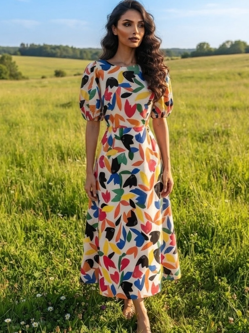 Calvin Klein White Midi Dress with Multicolor Leaf Print 6